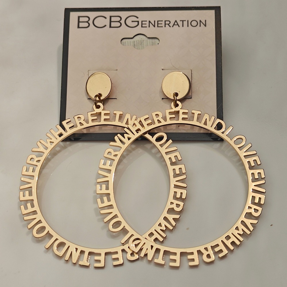 BCBGeneration Gold Tone Find Love Everywhere Script Hoop Earrings Large New